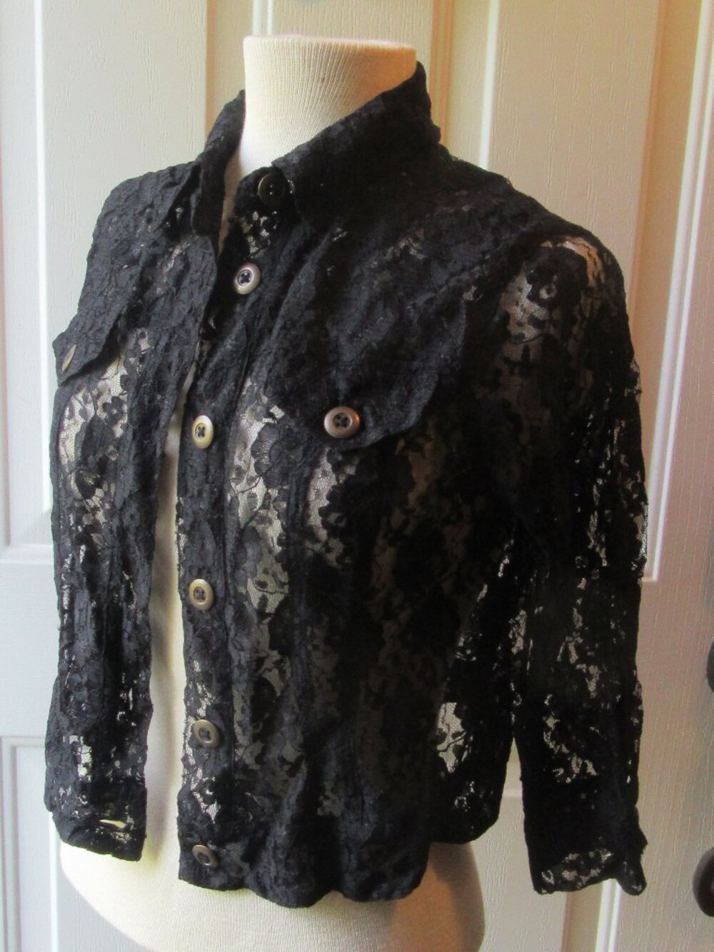 Vintage Newport News Sheer Black Lace Button Down Jacket top w. 3/4 sleeves Sz 4